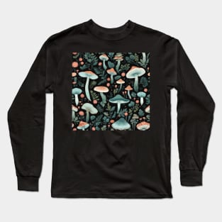 Magic Mushrooms Night Garden Seamless Pattern Long Sleeve T-Shirt